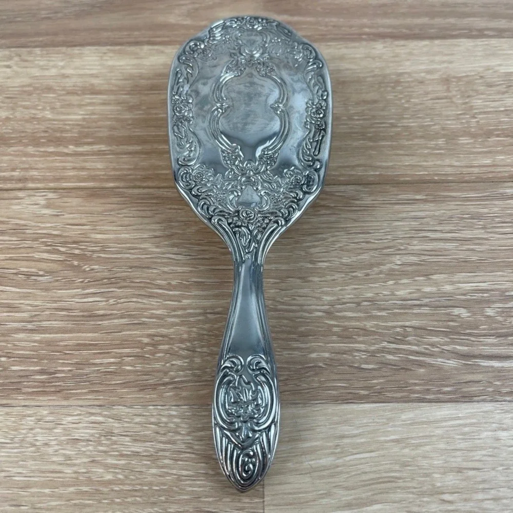 Vintage Silver Tone Embossed Floral Hand Mirror and Hair Brush Vanity Set 2pc